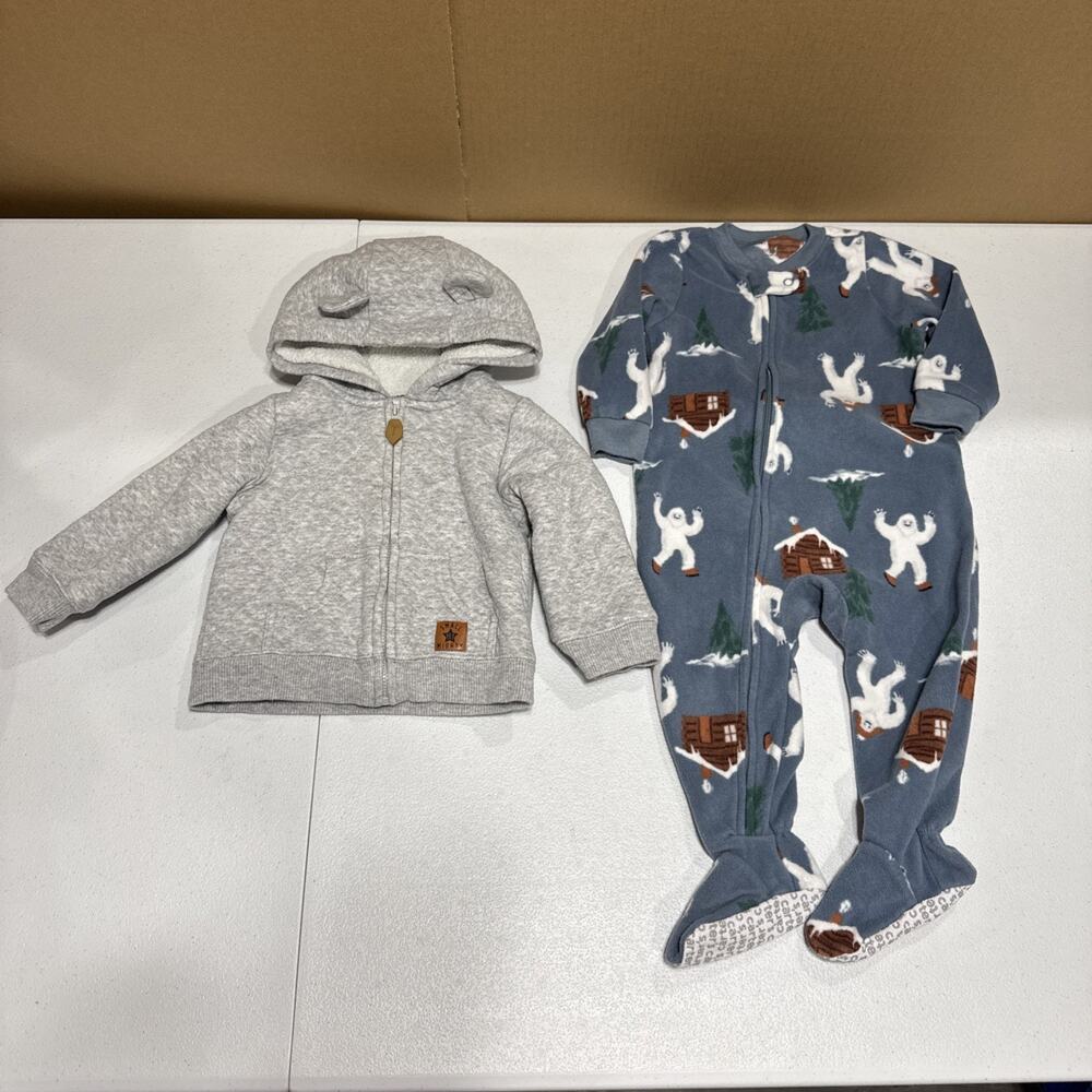 Carters Baby Boy 12M Full Zip Hoodie Sweater & One Piece Footie Bigfoot Print